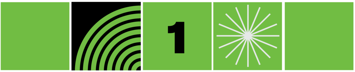 5 green squares with black curved lines, the number 1 and a white sunburst.